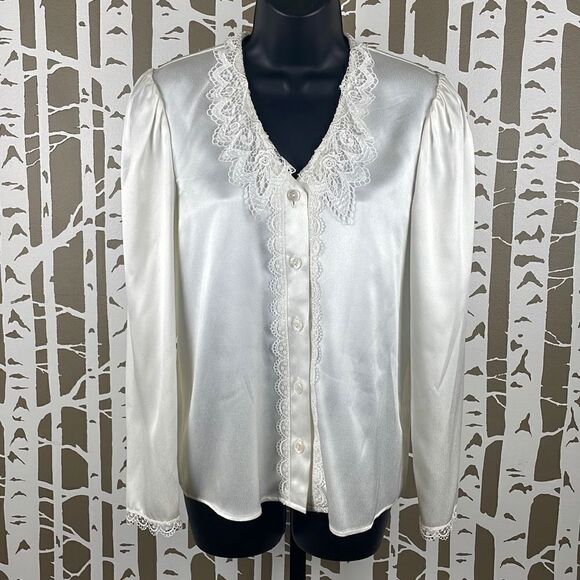 Gunne Sax 70s 80s Ivory Satin Lace Collar Puff Shoulder Blouse 5 - Picture 2 of 14